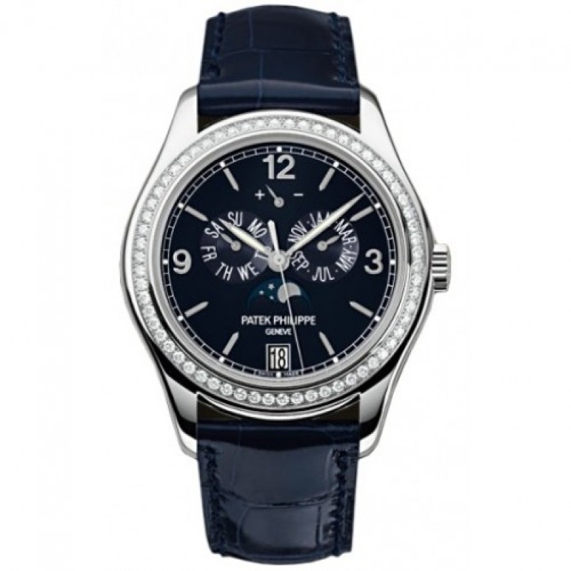 patek philippe complications annual calendar blue dial 18kt white gold diamond blue leather mens watch 5147g001