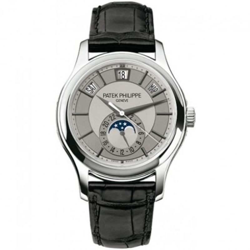 patek philippe complications grey dial 18k white gold black leather mens watch 5205g001